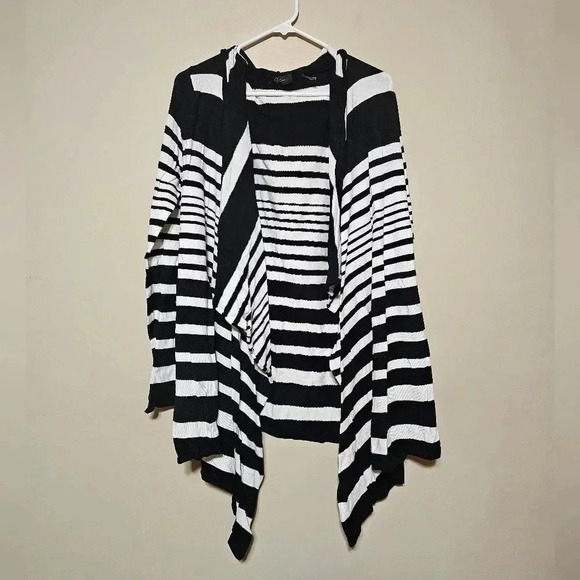 Cyrus Black & White Striped Open Front Hooded Cardigan Sweater Women's Size M - Picture 1 of 8